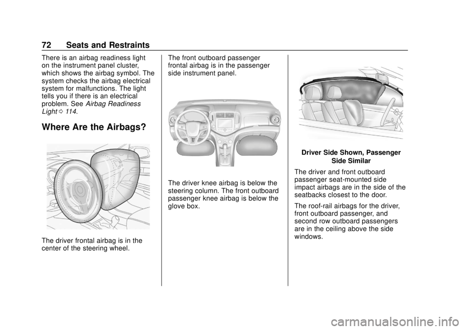 CHEVROLET SONIC 2019 Manual PDF Chevrolet Sonic Owner Manual (GMNA-Localizing-U.S./Canada-12461769) -
2019 - crc - 5/21/18
72 Seats and Restraints
There is an airbag readiness light
on the instrument panel cluster,
which shows the a