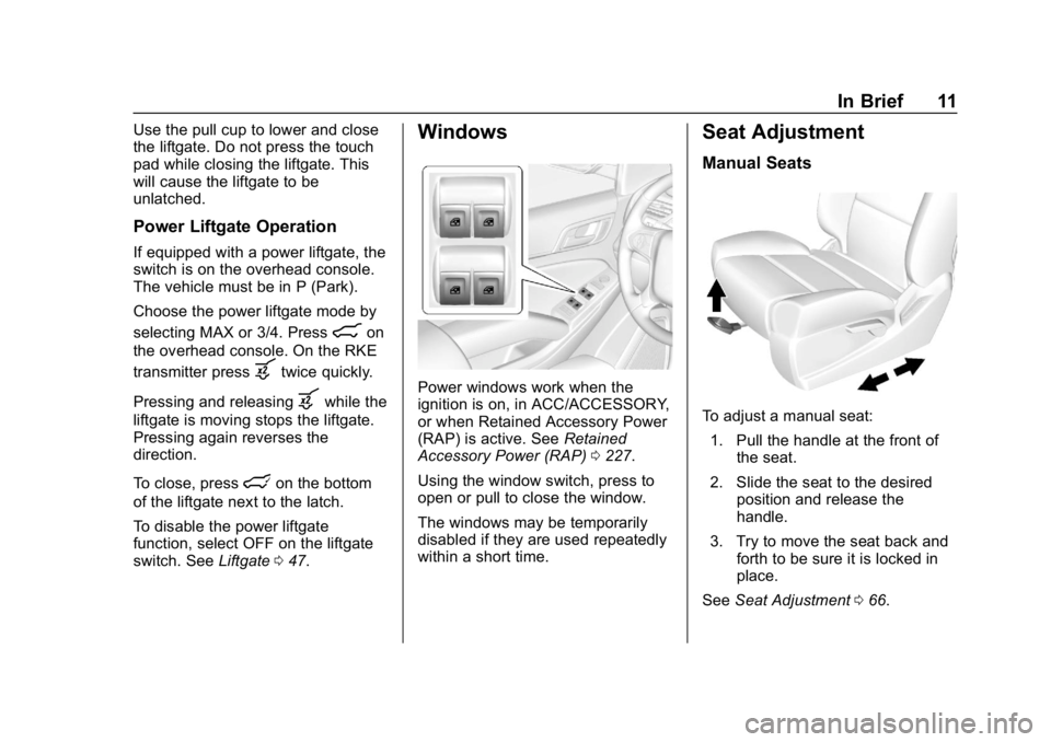 CHEVROLET SUBURBAN 2019  Owners Manual Chevrolet Tahoe/Suburban Owner Manual (GMNA-Localizing-U.S./Canada/
Mexico-12460269) - 2019 - CRC - 9/11/18
In Brief 11
Use the pull cup to lower and close
the liftgate. Do not press the touch
pad whi