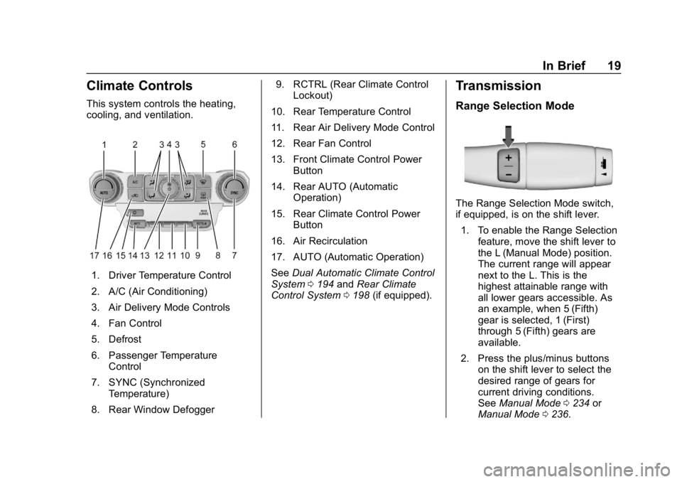 CHEVROLET SUBURBAN 2019  Owners Manual Chevrolet Tahoe/Suburban Owner Manual (GMNA-Localizing-U.S./Canada/
Mexico-12460269) - 2019 - CRC - 9/11/18
In Brief 19
Climate Controls
This system controls the heating,
cooling, and ventilation.
1. 