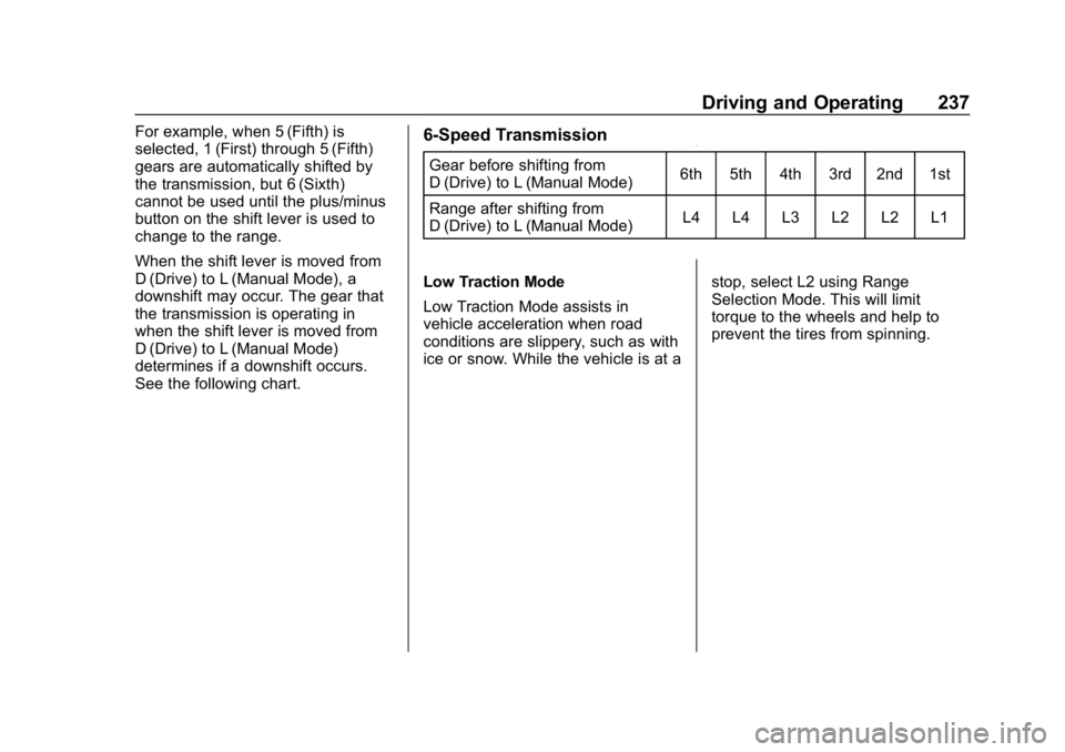 CHEVROLET TAHOE 2019 Owners Manual Chevrolet Tahoe/Suburban Owner Manual (GMNA-Localizing-U.S./Canada/
Mexico-12460269) - 2019 - CRC - 9/11/18
Driving and Operating 237
For example, when 5 (Fifth) is
selected, 1 (First) through 5 (Fift CHEVROLET TAHOE 2019 Owners Manual Chevrolet Tahoe/Suburban Owner Manual (GMNA-Localizing-U.S./Canada/
Mexico-12460269) - 2019 - CRC - 9/11/18
Driving and Operating 237
For example, when 5 (Fifth) is
selected, 1 (First) through 5 (Fift