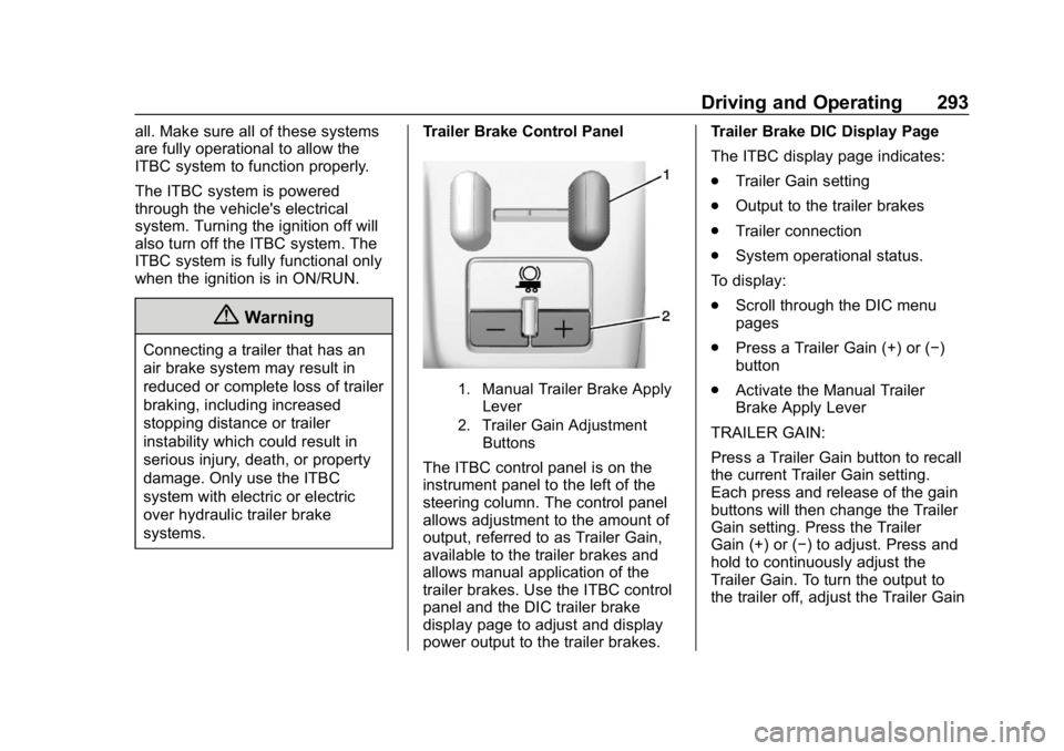 CHEVROLET TAHOE 2019 Owners Manual Chevrolet Tahoe/Suburban Owner Manual (GMNA-Localizing-U.S./Canada/
Mexico-12460269) - 2019 - CRC - 9/11/18
Driving and Operating 293
all. Make sure all of these systems
are fully operational to allow CHEVROLET TAHOE 2019 Owners Manual Chevrolet Tahoe/Suburban Owner Manual (GMNA-Localizing-U.S./Canada/
Mexico-12460269) - 2019 - CRC - 9/11/18
Driving and Operating 293
all. Make sure all of these systems
are fully operational to allow