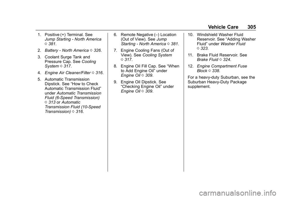CHEVROLET TAHOE 2019 User Guide Chevrolet Tahoe/Suburban Owner Manual (GMNA-Localizing-U.S./Canada/
Mexico-12460269) - 2019 - CRC - 9/11/18
Vehicle Care 305
1. Positive (+) Terminal. SeeJump Starting - North America
0381.
2. Battery