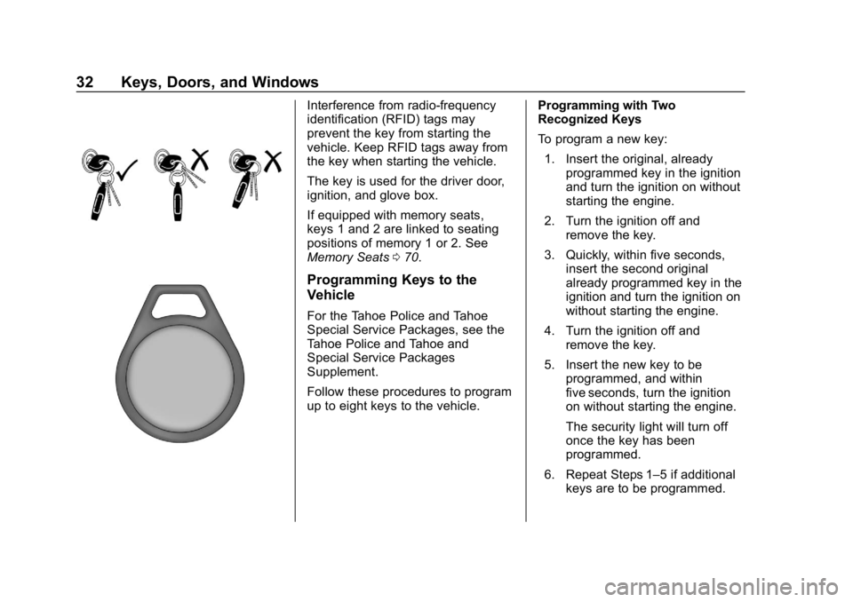 CHEVROLET TAHOE 2019 Owners Manual Chevrolet Tahoe/Suburban Owner Manual (GMNA-Localizing-U.S./Canada/
Mexico-12460269) - 2019 - CRC - 9/11/18
32 Keys, Doors, and Windows
Interference from radio-frequency
identification (RFID) tags may CHEVROLET TAHOE 2019 Owners Manual Chevrolet Tahoe/Suburban Owner Manual (GMNA-Localizing-U.S./Canada/
Mexico-12460269) - 2019 - CRC - 9/11/18
32 Keys, Doors, and Windows
Interference from radio-frequency
identification (RFID) tags may