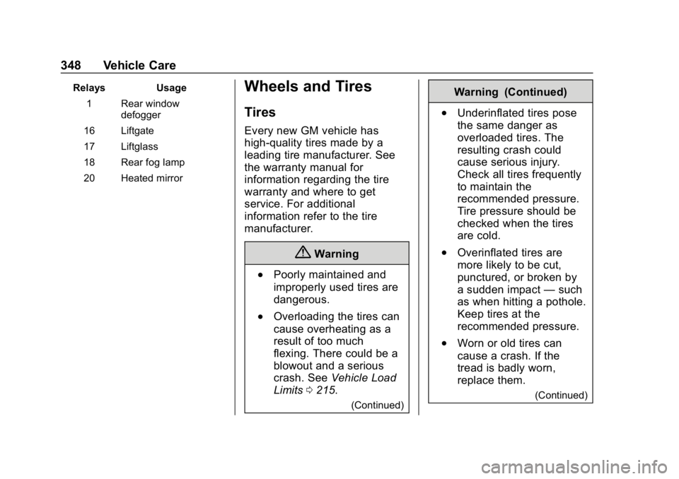 CHEVROLET TAHOE 2019 Owners Manual Chevrolet Tahoe/Suburban Owner Manual (GMNA-Localizing-U.S./Canada/
Mexico-12460269) - 2019 - CRC - 9/11/18
348 Vehicle Care
RelaysUsage
1 Rear window defogger
16 Liftgate
17 Liftglass
18 Rear fog lam CHEVROLET TAHOE 2019 Owners Manual Chevrolet Tahoe/Suburban Owner Manual (GMNA-Localizing-U.S./Canada/
Mexico-12460269) - 2019 - CRC - 9/11/18
348 Vehicle Care
RelaysUsage
1 Rear window defogger
16 Liftgate
17 Liftglass
18 Rear fog lam