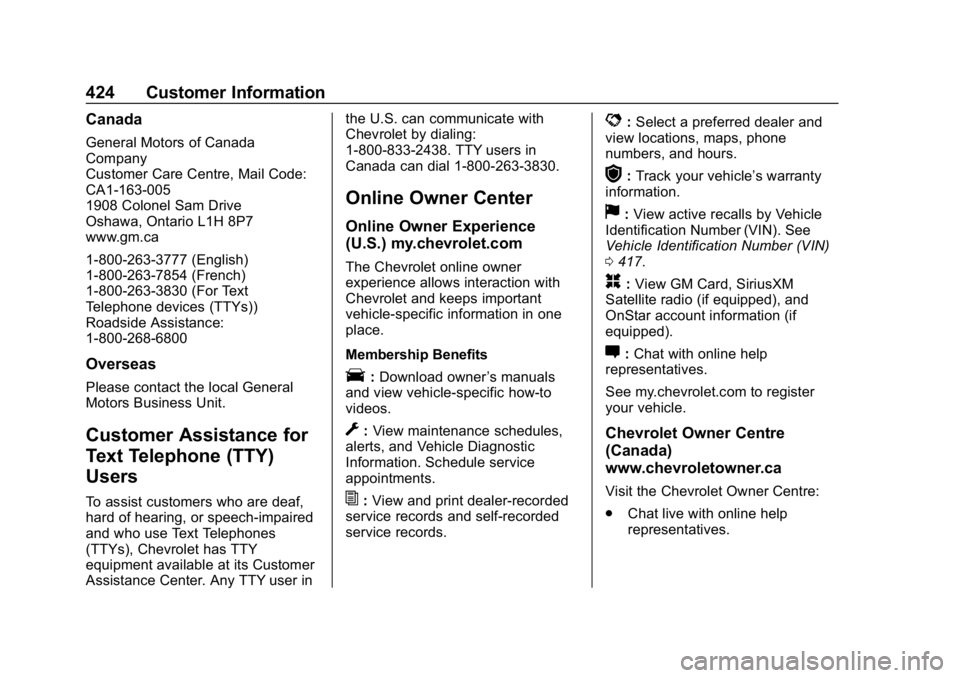 CHEVROLET TAHOE 2019 Owners Manual Chevrolet Tahoe/Suburban Owner Manual (GMNA-Localizing-U.S./Canada/
Mexico-12460269) - 2019 - CRC - 9/11/18
424 Customer Information
Canada
General Motors of Canada
Company
Customer Care Centre, Mail CHEVROLET TAHOE 2019 Owners Manual Chevrolet Tahoe/Suburban Owner Manual (GMNA-Localizing-U.S./Canada/
Mexico-12460269) - 2019 - CRC - 9/11/18
424 Customer Information
Canada
General Motors of Canada
Company
Customer Care Centre, Mail