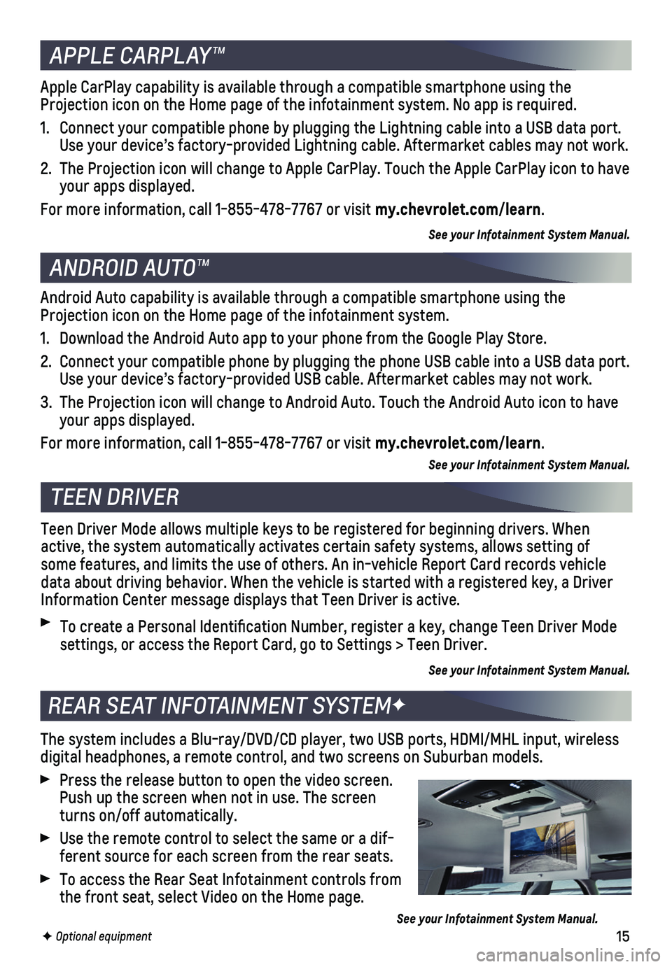 CHEVROLET SUBURBAN 2019  Get To Know Guide 15
The system includes a Blu-ray/DVD/CD player, two USB ports, HDMI/MHL inp\
ut, wireless digital headphones, a remote control, and two screens on Suburban models\
.
 Press the release button to open 