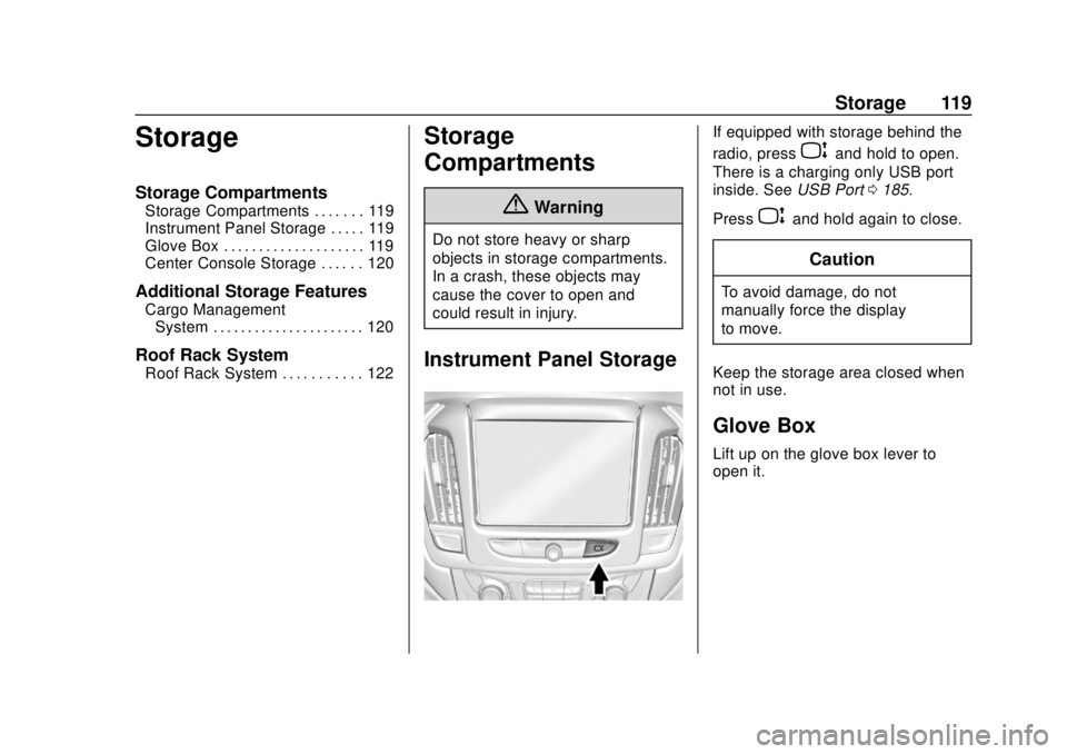 CHEVROLET TRAVERSE 2019  Owners Manual Chevrolet Traverse Owner Manual (GMNA-Localizing-U.S./Canada/Mexico-
12146157) - 2019 - CRC - 10/31/18
Storage 119
Storage
Storage Compartments
Storage Compartments . . . . . . . 119
Instrument Panel 