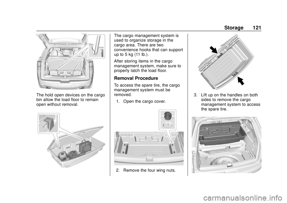 CHEVROLET TRAVERSE 2019 Owners Manual Chevrolet Traverse Owner Manual (GMNA-Localizing-U.S./Canada/Mexico-
12146157) - 2019 - CRC - 10/31/18
Storage 121
The hold open devices on the cargo
bin allow the load floor to remain
open without re CHEVROLET TRAVERSE 2019 Owners Manual Chevrolet Traverse Owner Manual (GMNA-Localizing-U.S./Canada/Mexico-
12146157) - 2019 - CRC - 10/31/18
Storage 121
The hold open devices on the cargo
bin allow the load floor to remain
open without re