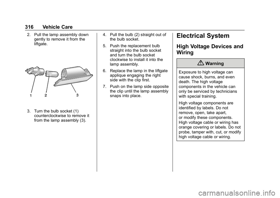CHEVROLET TRAVERSE 2019 Owners Manual Chevrolet Traverse Owner Manual (GMNA-Localizing-U.S./Canada/Mexico-
12146157) - 2019 - CRC - 11/1/18
316 Vehicle Care
2. Pull the lamp assembly downgently to remove it from the
liftgate.
3. Turn the CHEVROLET TRAVERSE 2019 Owners Manual Chevrolet Traverse Owner Manual (GMNA-Localizing-U.S./Canada/Mexico-
12146157) - 2019 - CRC - 11/1/18
316 Vehicle Care
2. Pull the lamp assembly downgently to remove it from the
liftgate.
3. Turn the
