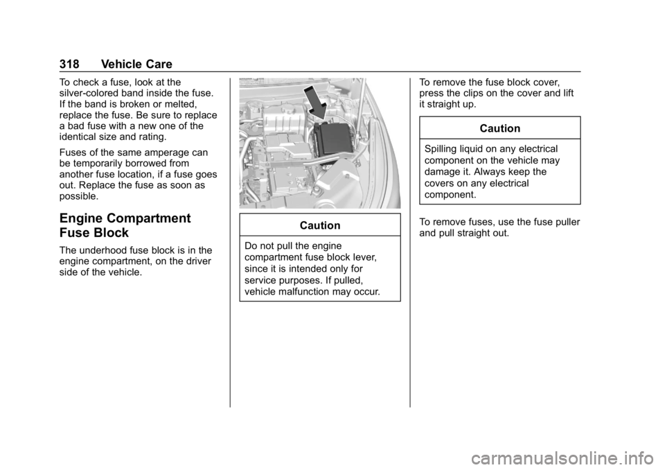 CHEVROLET TRAVERSE 2019 Owners Manual Chevrolet Traverse Owner Manual (GMNA-Localizing-U.S./Canada/Mexico-
12146157) - 2019 - CRC - 11/1/18
318 Vehicle Care
To check a fuse, look at the
silver-colored band inside the fuse.
If the band is CHEVROLET TRAVERSE 2019 Owners Manual Chevrolet Traverse Owner Manual (GMNA-Localizing-U.S./Canada/Mexico-
12146157) - 2019 - CRC - 11/1/18
318 Vehicle Care
To check a fuse, look at the
silver-colored band inside the fuse.
If the band is