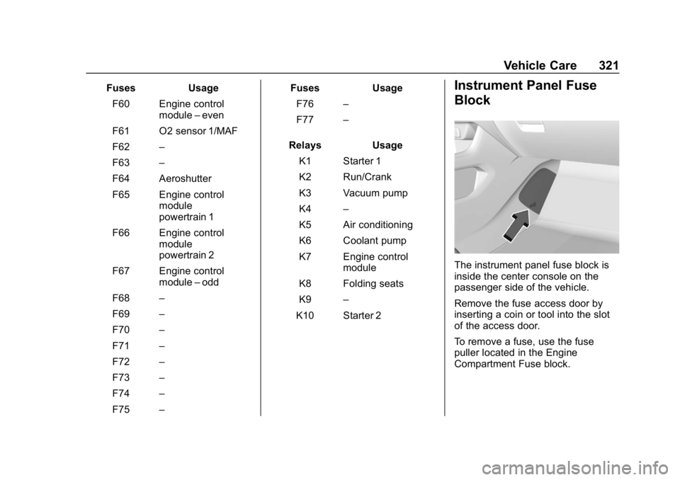 CHEVROLET TRAVERSE 2019  Owners Manual Chevrolet Traverse Owner Manual (GMNA-Localizing-U.S./Canada/Mexico-
12146157) - 2019 - CRC - 11/1/18
Vehicle Care 321
FusesUsage
F60 Engine control module–even
F61 O2 sensor 1/MAF
F62 –
F63 –
F