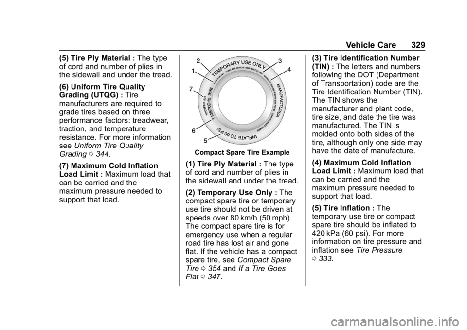 CHEVROLET TRAVERSE 2019 Owners Manual Chevrolet Traverse Owner Manual (GMNA-Localizing-U.S./Canada/Mexico-
12146157) - 2019 - CRC - 11/1/18
Vehicle Care 329
(5) Tire Ply Material:The type
of cord and number of plies in
the sidewall and un CHEVROLET TRAVERSE 2019 Owners Manual Chevrolet Traverse Owner Manual (GMNA-Localizing-U.S./Canada/Mexico-
12146157) - 2019 - CRC - 11/1/18
Vehicle Care 329
(5) Tire Ply Material:The type
of cord and number of plies in
the sidewall and un