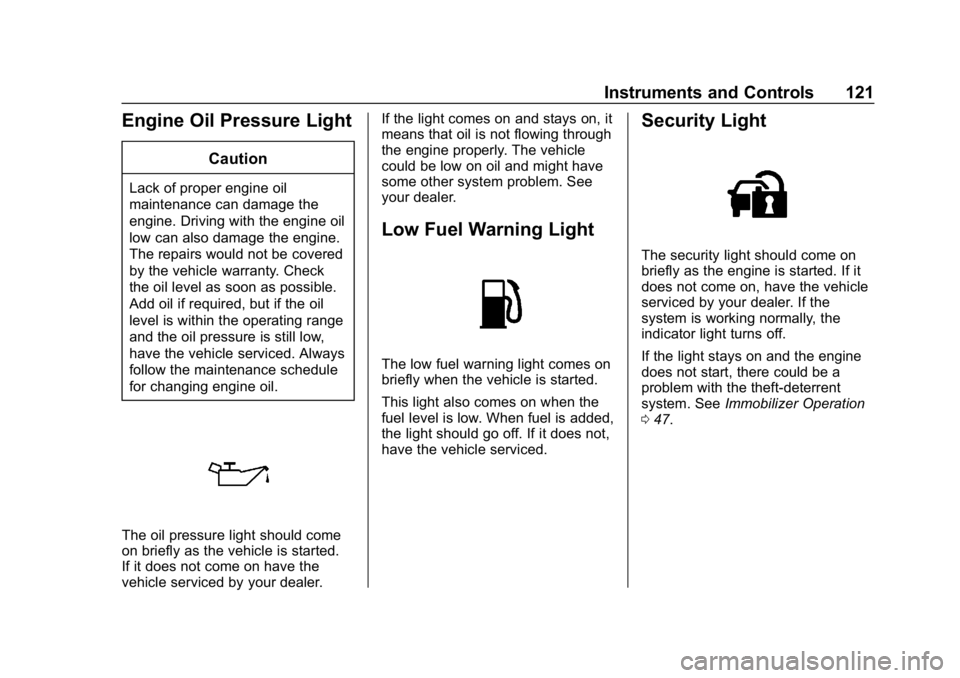 CHEVROLET VOLT 2019  Owners Manual Chevrolet VOLT Owner Manual (GMNA-Localizing-U.S./Canada/Mexico-
12163007) - 2019 - CRC - 11/5/18
Instruments and Controls 121
Engine Oil Pressure Light
Caution
Lack of proper engine oil
maintenance c