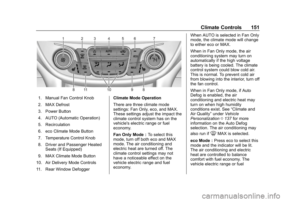 CHEVROLET VOLT 2019  Owners Manual Chevrolet VOLT Owner Manual (GMNA-Localizing-U.S./Canada/Mexico-
12163007) - 2019 - CRC - 11/5/18
Climate Controls 151
1. Manual Fan Control Knob
2. MAX Defrost
3. Power Button
4. AUTO (Automatic Oper