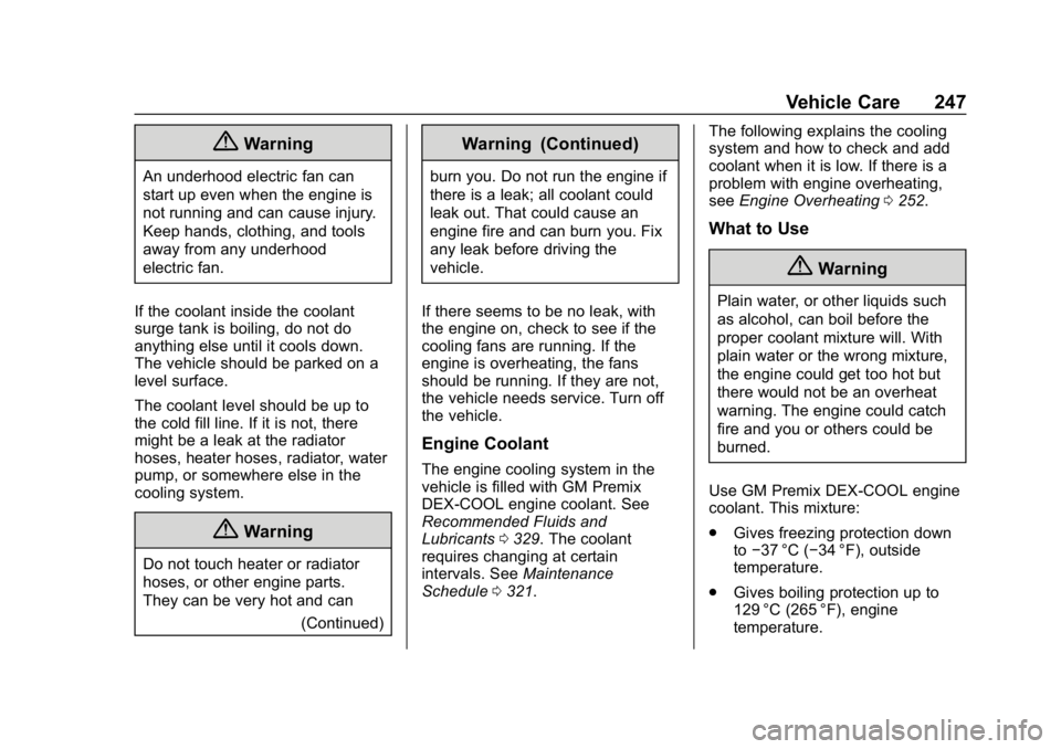 CHEVROLET VOLT 2019 Owners Manual Chevrolet VOLT Owner Manual (GMNA-Localizing-U.S./Canada/Mexico-
12163007) - 2019 - CRC - 11/5/18
Vehicle Care 247
{Warning
An underhood electric fan can
start up even when the engine is
not running a CHEVROLET VOLT 2019 Owners Manual Chevrolet VOLT Owner Manual (GMNA-Localizing-U.S./Canada/Mexico-
12163007) - 2019 - CRC - 11/5/18
Vehicle Care 247
{Warning
An underhood electric fan can
start up even when the engine is
not running a