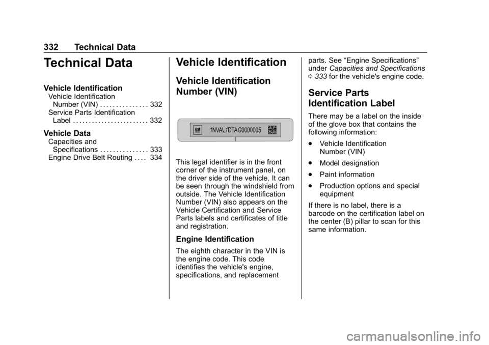CHEVROLET VOLT 2019 Owners Manual Chevrolet VOLT Owner Manual (GMNA-Localizing-U.S./Canada/Mexico-
12163007) - 2019 - CRC - 11/5/18
332 Technical Data
Technical Data
Vehicle Identification
Vehicle IdentificationNumber (VIN) . . . . . CHEVROLET VOLT 2019 Owners Manual Chevrolet VOLT Owner Manual (GMNA-Localizing-U.S./Canada/Mexico-
12163007) - 2019 - CRC - 11/5/18
332 Technical Data
Technical Data
Vehicle Identification
Vehicle IdentificationNumber (VIN) . . . . .