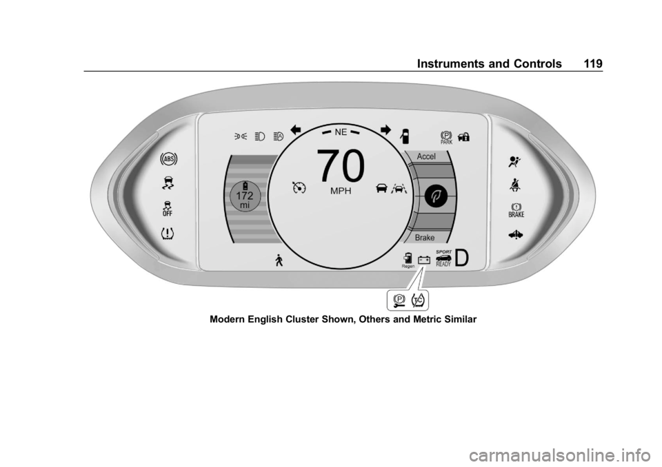 CHEVROLET BOLT EV 2018 Owners Manual Chevrolet BOLT EV Owner Manual (GMNA-Localizing-U.S./Canada/Mexico-
11434431) - 2018 - crc - 2/14/18
Instruments and Controls 119
Modern English Cluster Shown, Others and Metric Similar CHEVROLET BOLT EV 2018 Owners Manual Chevrolet BOLT EV Owner Manual (GMNA-Localizing-U.S./Canada/Mexico-
11434431) - 2018 - crc - 2/14/18
Instruments and Controls 119
Modern English Cluster Shown, Others and Metric Similar