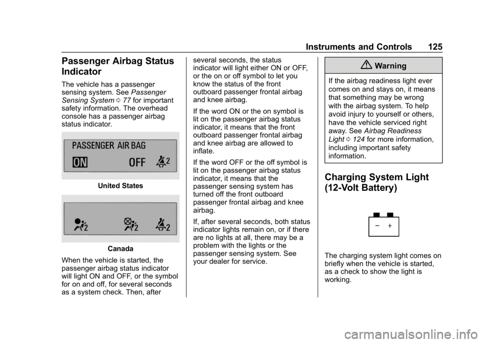 CHEVROLET BOLT EV 2018  Owners Manual Chevrolet BOLT EV Owner Manual (GMNA-Localizing-U.S./Canada/Mexico-
11434431) - 2018 - crc - 2/14/18
Instruments and Controls 125
Passenger Airbag Status
Indicator
The vehicle has a passenger
sensing 