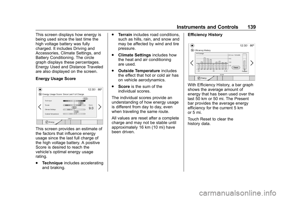 CHEVROLET BOLT EV 2018 Owners Manual Chevrolet BOLT EV Owner Manual (GMNA-Localizing-U.S./Canada/Mexico-
11434431) - 2018 - crc - 2/14/18
Instruments and Controls 139
This screen displays how energy is
being used since the last time the
CHEVROLET BOLT EV 2018 Owners Manual Chevrolet BOLT EV Owner Manual (GMNA-Localizing-U.S./Canada/Mexico-
11434431) - 2018 - crc - 2/14/18
Instruments and Controls 139
This screen displays how energy is
being used since the last time the