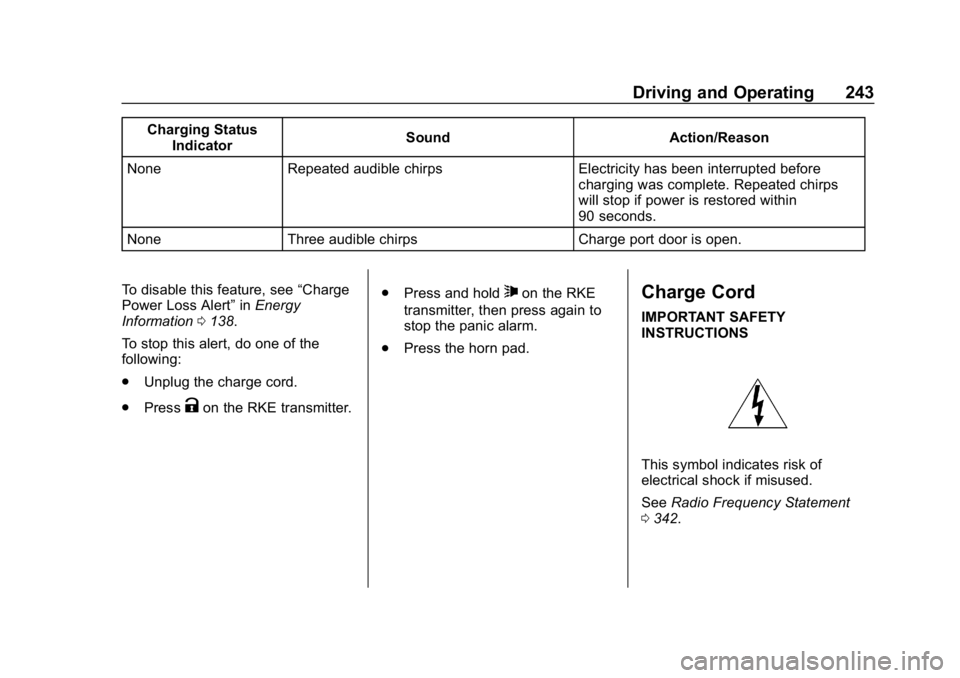 CHEVROLET BOLT EV 2018  Owners Manual Chevrolet BOLT EV Owner Manual (GMNA-Localizing-U.S./Canada/Mexico-
11434431) - 2018 - crc - 2/14/18
Driving and Operating 243
Charging StatusIndicator Sound Action/Reason
None Repeated audible chirps