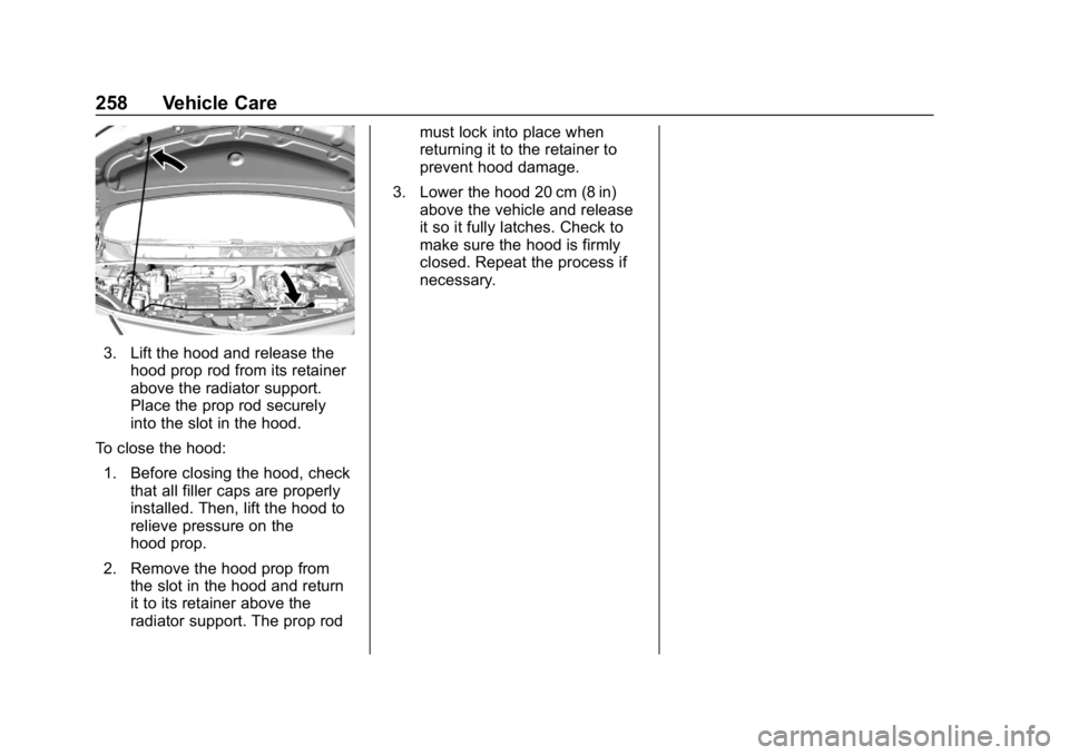 CHEVROLET BOLT EV 2018 Owners Manual Chevrolet BOLT EV Owner Manual (GMNA-Localizing-U.S./Canada/Mexico-
11434431) - 2018 - crc - 2/14/18
258 Vehicle Care
3. Lift the hood and release thehood prop rod from its retainer
above the radiator CHEVROLET BOLT EV 2018 Owners Manual Chevrolet BOLT EV Owner Manual (GMNA-Localizing-U.S./Canada/Mexico-
11434431) - 2018 - crc - 2/14/18
258 Vehicle Care
3. Lift the hood and release thehood prop rod from its retainer
above the radiator