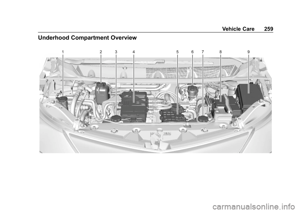 CHEVROLET BOLT EV 2018 Owners Manual Chevrolet BOLT EV Owner Manual (GMNA-Localizing-U.S./Canada/Mexico-
11434431) - 2018 - crc - 2/14/18
Vehicle Care 259
Underhood Compartment Overview CHEVROLET BOLT EV 2018 Owners Manual Chevrolet BOLT EV Owner Manual (GMNA-Localizing-U.S./Canada/Mexico-
11434431) - 2018 - crc - 2/14/18
Vehicle Care 259
Underhood Compartment Overview