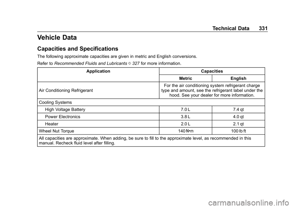 CHEVROLET BOLT EV 2018  Owners Manual Chevrolet BOLT EV Owner Manual (GMNA-Localizing-U.S./Canada/Mexico-
11434431) - 2018 - crc - 2/14/18
Technical Data 331
Vehicle Data
Capacities and Specifications
The following approximate capacities 