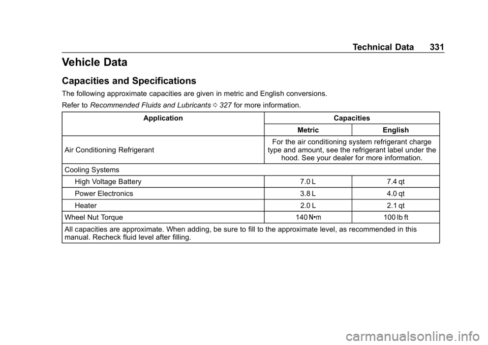 CHEVROLET BOLT EV 2018 Owners Manual Chevrolet BOLT EV Owner Manual (GMNA-Localizing-U.S./Canada/Mexico-
11434431) - 2018 - crc - 2/14/18
Technical Data 331
Vehicle Data
Capacities and Specifications
The following approximate capacities CHEVROLET BOLT EV 2018 Owners Manual Chevrolet BOLT EV Owner Manual (GMNA-Localizing-U.S./Canada/Mexico-
11434431) - 2018 - crc - 2/14/18
Technical Data 331
Vehicle Data
Capacities and Specifications
The following approximate capacities