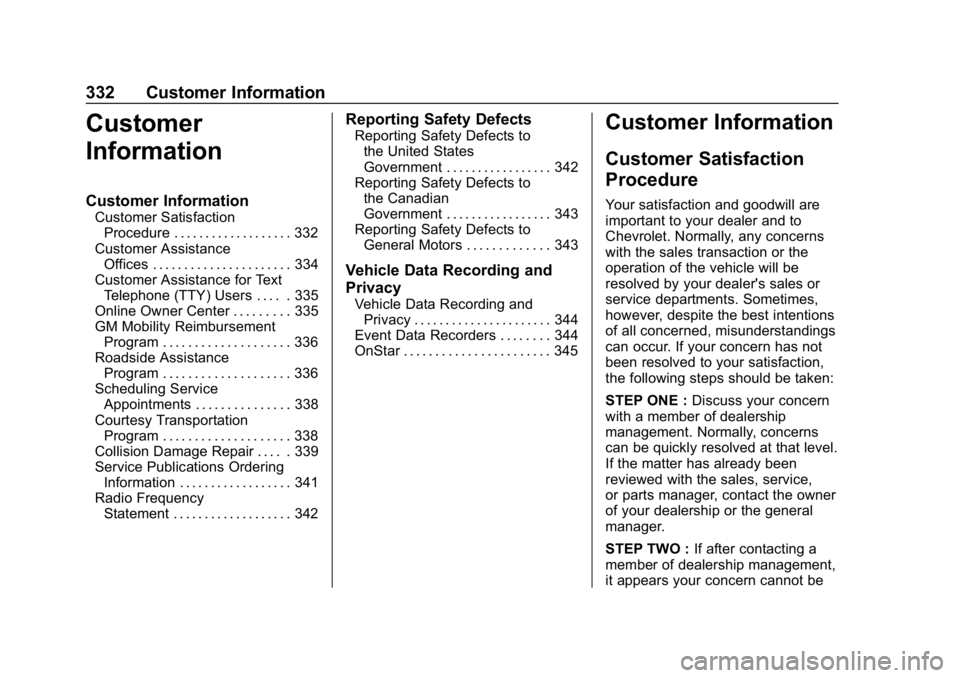 CHEVROLET BOLT EV 2018 Owners Manual Chevrolet BOLT EV Owner Manual (GMNA-Localizing-U.S./Canada/Mexico-
11434431) - 2018 - crc - 2/14/18
332 Customer Information
Customer
Information
Customer Information
Customer SatisfactionProcedure . CHEVROLET BOLT EV 2018 Owners Manual Chevrolet BOLT EV Owner Manual (GMNA-Localizing-U.S./Canada/Mexico-
11434431) - 2018 - crc - 2/14/18
332 Customer Information
Customer
Information
Customer Information
Customer SatisfactionProcedure .