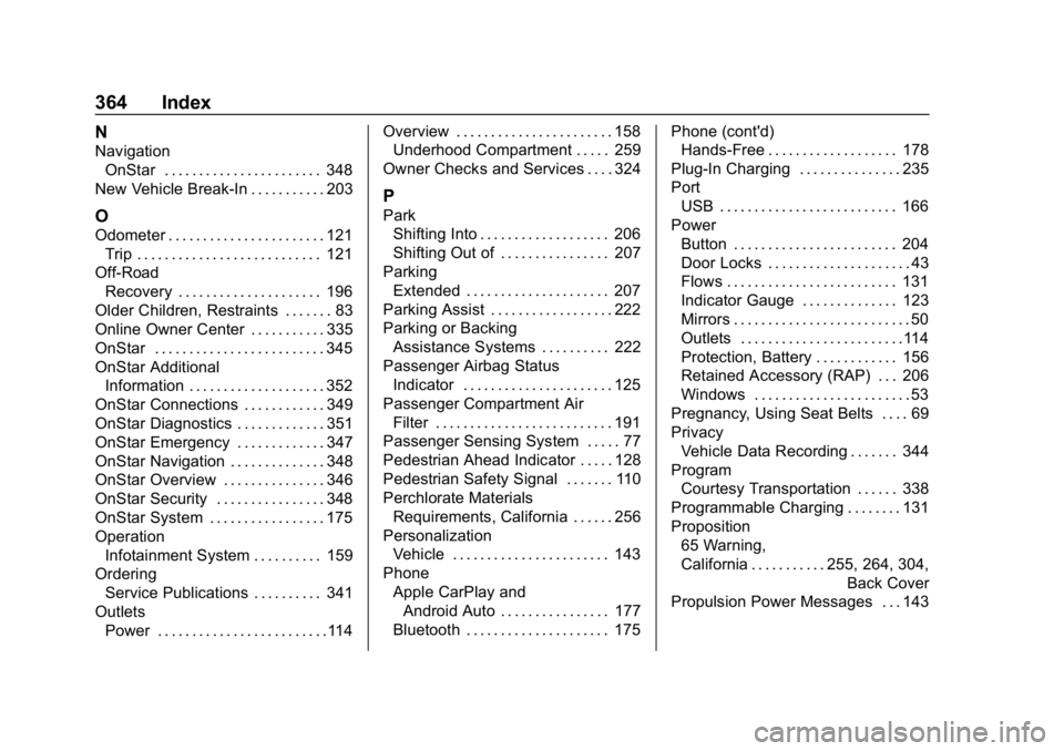 CHEVROLET BOLT EV 2018 Owners Manual Chevrolet BOLT EV Owner Manual (GMNA-Localizing-U.S./Canada/Mexico-
11434431) - 2018 - crc - 2/14/18
364 Index
N
NavigationOnStar . . . . . . . . . . . . . . . . . . . . . . . 348
New Vehicle Break-In CHEVROLET BOLT EV 2018 Owners Manual Chevrolet BOLT EV Owner Manual (GMNA-Localizing-U.S./Canada/Mexico-
11434431) - 2018 - crc - 2/14/18
364 Index
N
NavigationOnStar . . . . . . . . . . . . . . . . . . . . . . . 348
New Vehicle Break-In