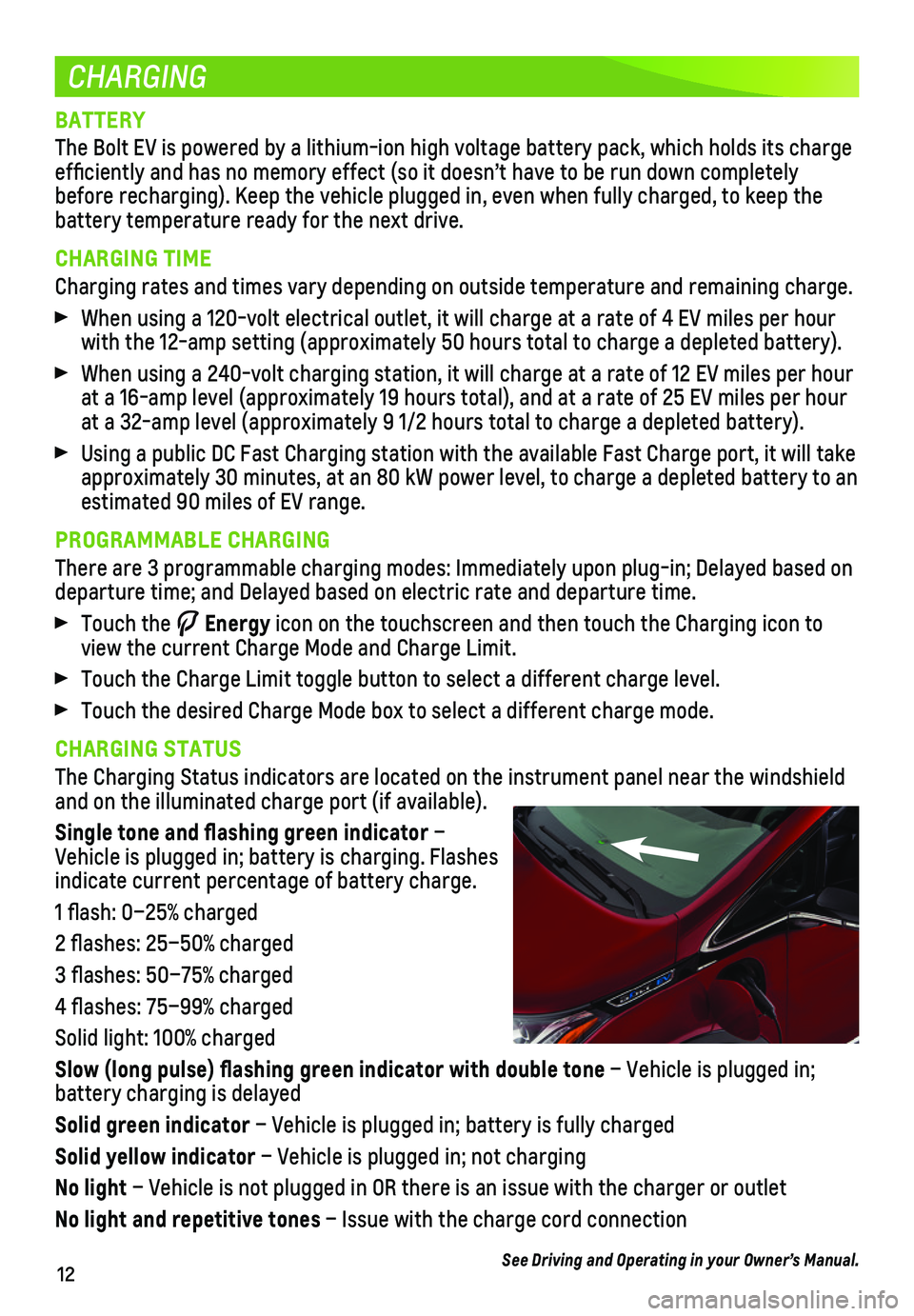 CHEVROLET BOLT EV 2018 Get To Know Guide 12
CHARGING
BATTERY
The Bolt EV is powered by a lithium-ion high voltage battery pack, which\
holds its charge efficiently and has no memory effect (so it doesn’t have to be run\
down completely b CHEVROLET BOLT EV 2018 Get To Know Guide 12
CHARGING
BATTERY
The Bolt EV is powered by a lithium-ion high voltage battery pack, which\
holds its charge efficiently and has no memory effect (so it doesn’t have to be run\
down completely b