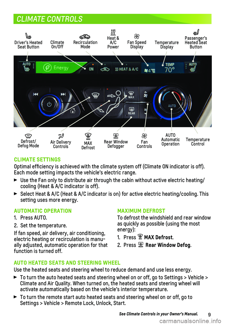 CHEVROLET BOLT EV 2018 Get To Know Guide 9
CLIMATE CONTROLS
CLIMATE SETTINGS
Optimal efficiency is achieved with the climate system off (Climate O\
N indicator is off). Each mode setting impacts the vehicle’s electric range.
Use the Fan CHEVROLET BOLT EV 2018 Get To Know Guide 9
CLIMATE CONTROLS
CLIMATE SETTINGS
Optimal efficiency is achieved with the climate system off (Climate O\
N indicator is off). Each mode setting impacts the vehicle’s electric range.
Use the Fan