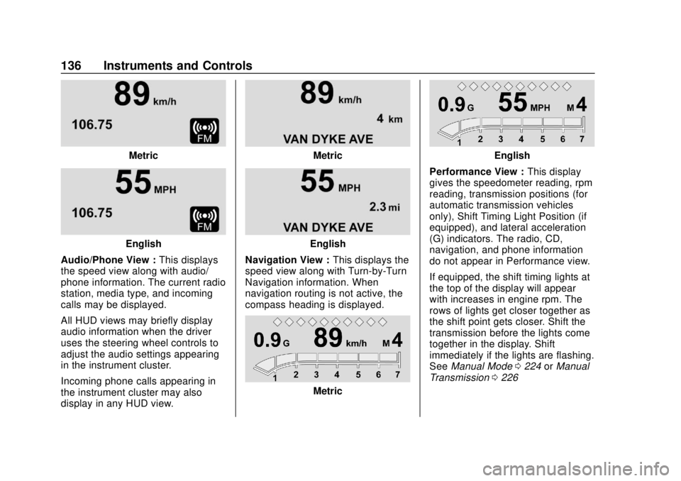 CHEVROLET CAMARO 2018  Owners Manual Chevrolet Camaro Owner Manual (GMNA-Localizing-U.S./Canada/Mexico-
11348325) - 2018 - CRC - 10/23/17
136 Instruments and Controls
Metric
English
Audio/Phone View : This displays
the speed view along w