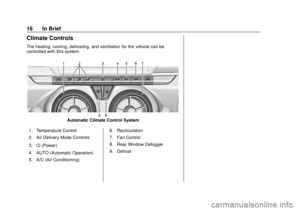 CHEVROLET CAMARO 2018 User Guide Chevrolet Camaro Owner Manual (GMNA-Localizing-U.S./Canada/Mexico-
11348325) - 2018 - CRC - 10/23/17
16 In Brief
Climate Controls
The heating, cooling, defrosting, and ventilation for the vehicle can 