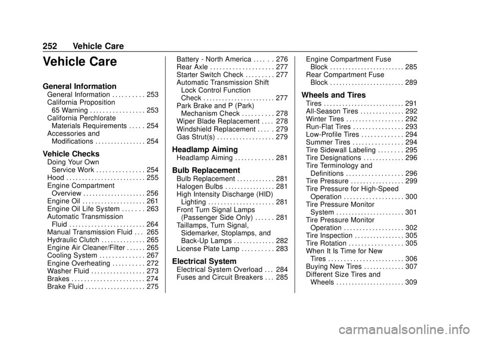 CHEVROLET CAMARO 2018 Owners Manual Chevrolet Camaro Owner Manual (GMNA-Localizing-U.S./Canada/Mexico-
11348325) - 2018 - CRC - 10/23/17
252 Vehicle Care
Vehicle Care
General Information
General Information . . . . . . . . . . 253
Calif CHEVROLET CAMARO 2018 Owners Manual Chevrolet Camaro Owner Manual (GMNA-Localizing-U.S./Canada/Mexico-
11348325) - 2018 - CRC - 10/23/17
252 Vehicle Care
Vehicle Care
General Information
General Information . . . . . . . . . . 253
Calif