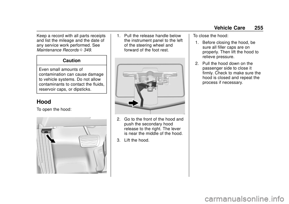 CHEVROLET CAMARO 2018  Owners Manual Chevrolet Camaro Owner Manual (GMNA-Localizing-U.S./Canada/Mexico-
11348325) - 2018 - CRC - 10/23/17
Vehicle Care 255
Keep a record with all parts receipts
and list the mileage and the date of
any ser