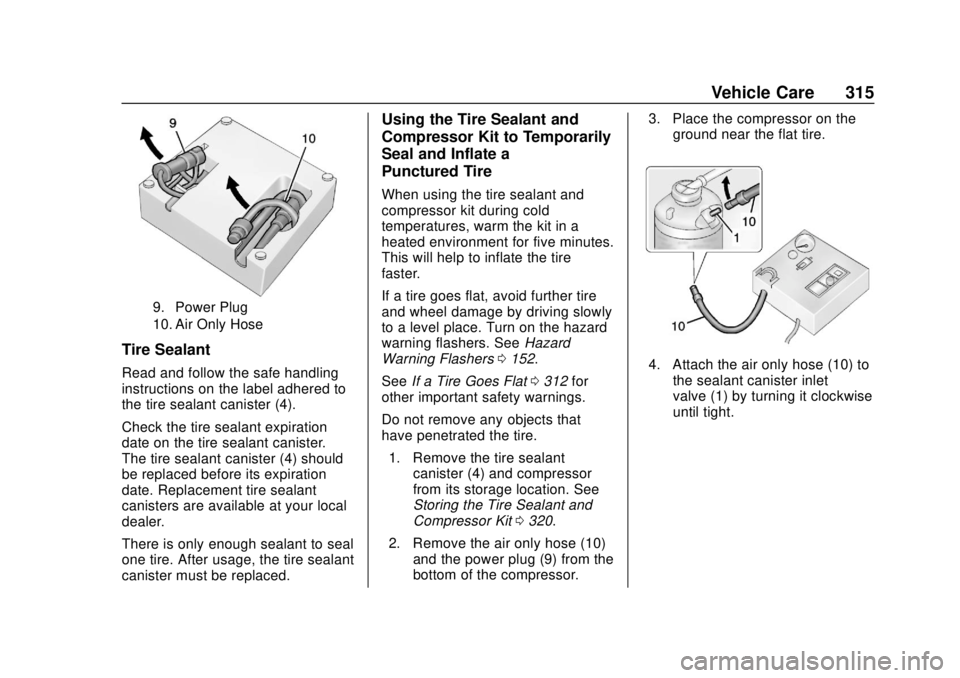 CHEVROLET CAMARO 2018 Owners Manual Chevrolet Camaro Owner Manual (GMNA-Localizing-U.S./Canada/Mexico-
11348325) - 2018 - CRC - 10/23/17
Vehicle Care 315
9. Power Plug
10. Air Only Hose
Tire Sealant
Read and follow the safe handling
ins CHEVROLET CAMARO 2018 Owners Manual Chevrolet Camaro Owner Manual (GMNA-Localizing-U.S./Canada/Mexico-
11348325) - 2018 - CRC - 10/23/17
Vehicle Care 315
9. Power Plug
10. Air Only Hose
Tire Sealant
Read and follow the safe handling
ins