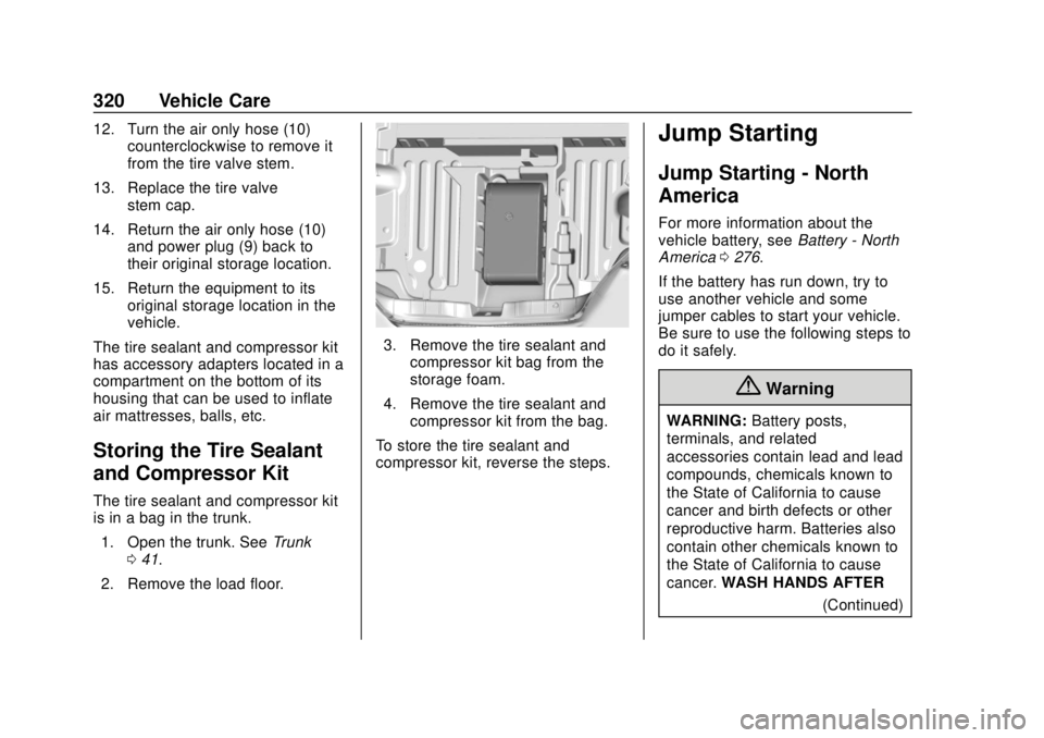 CHEVROLET CAMARO 2018 Owners Guide Chevrolet Camaro Owner Manual (GMNA-Localizing-U.S./Canada/Mexico-
11348325) - 2018 - CRC - 10/23/17
320 Vehicle Care
12. Turn the air only hose (10)counterclockwise to remove it
from the tire valve s