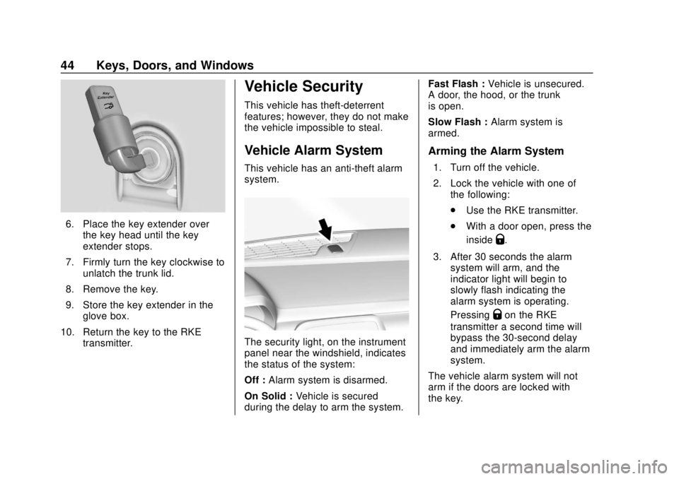 CHEVROLET CAMARO 2018  Owners Manual Chevrolet Camaro Owner Manual (GMNA-Localizing-U.S./Canada/Mexico-
11348325) - 2018 - CRC - 10/23/17
44 Keys, Doors, and Windows
6. Place the key extender overthe key head until the key
extender stops