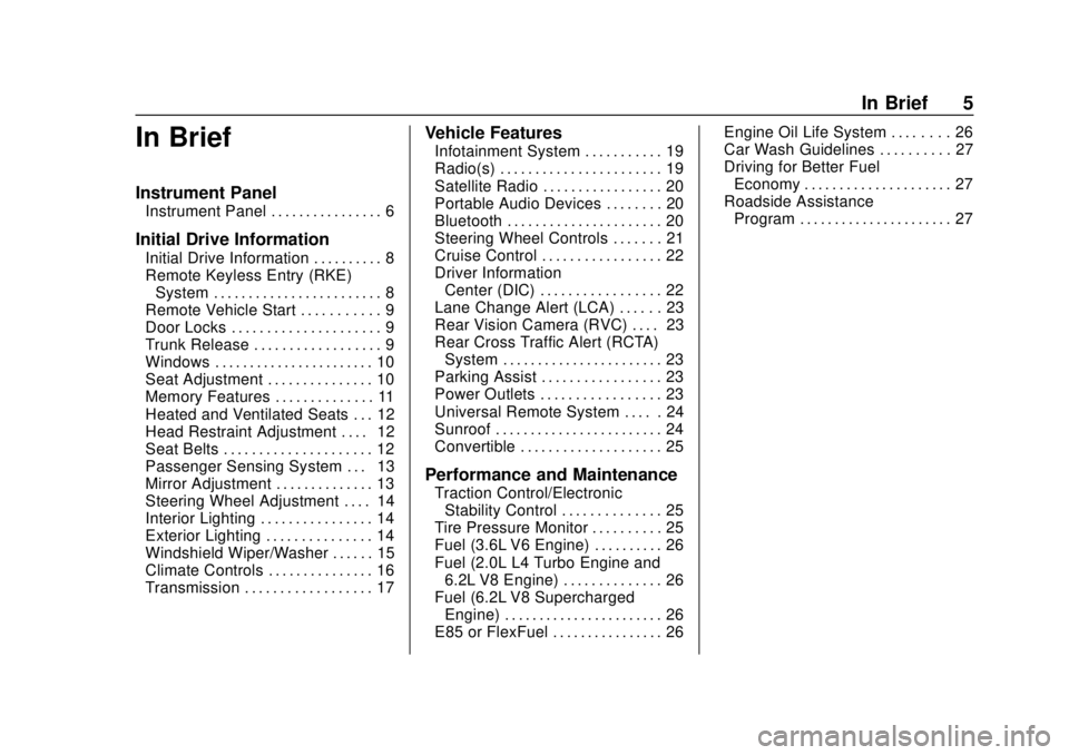 CHEVROLET CAMARO 2018  Owners Manual Chevrolet Camaro Owner Manual (GMNA-Localizing-U.S./Canada/Mexico-
11348325) - 2018 - CRC - 10/23/17
In Brief 5
In Brief
Instrument Panel
Instrument Panel . . . . . . . . . . . . . . . . 6
Initial Dri