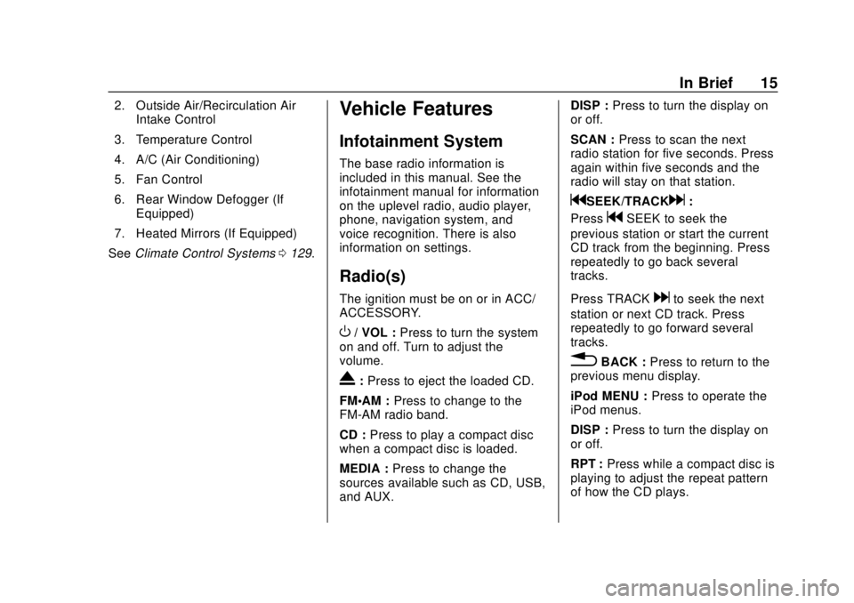 CHEVROLET CITY EXPRESS 2018 User Guide Chevrolet City Express Owner Manual (GMNA-Localizing-U.S./Canada-
11683523) - 2018 - CRC - 7/10/17
In Brief 15
2. Outside Air/Recirculation AirIntake Control
3. Temperature Control
4. A/C (Air Conditi