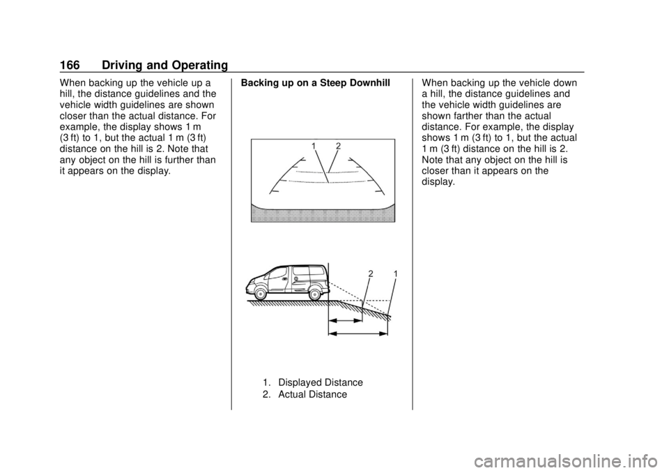 CHEVROLET CITY EXPRESS 2018 Owners Manual Chevrolet City Express Owner Manual (GMNA-Localizing-U.S./Canada-
11683523) - 2018 - CRC - 7/10/17
166 Driving and Operating
When backing up the vehicle up a
hill, the distance guidelines and the
vehi CHEVROLET CITY EXPRESS 2018 Owners Manual Chevrolet City Express Owner Manual (GMNA-Localizing-U.S./Canada-
11683523) - 2018 - CRC - 7/10/17
166 Driving and Operating
When backing up the vehicle up a
hill, the distance guidelines and the
vehi