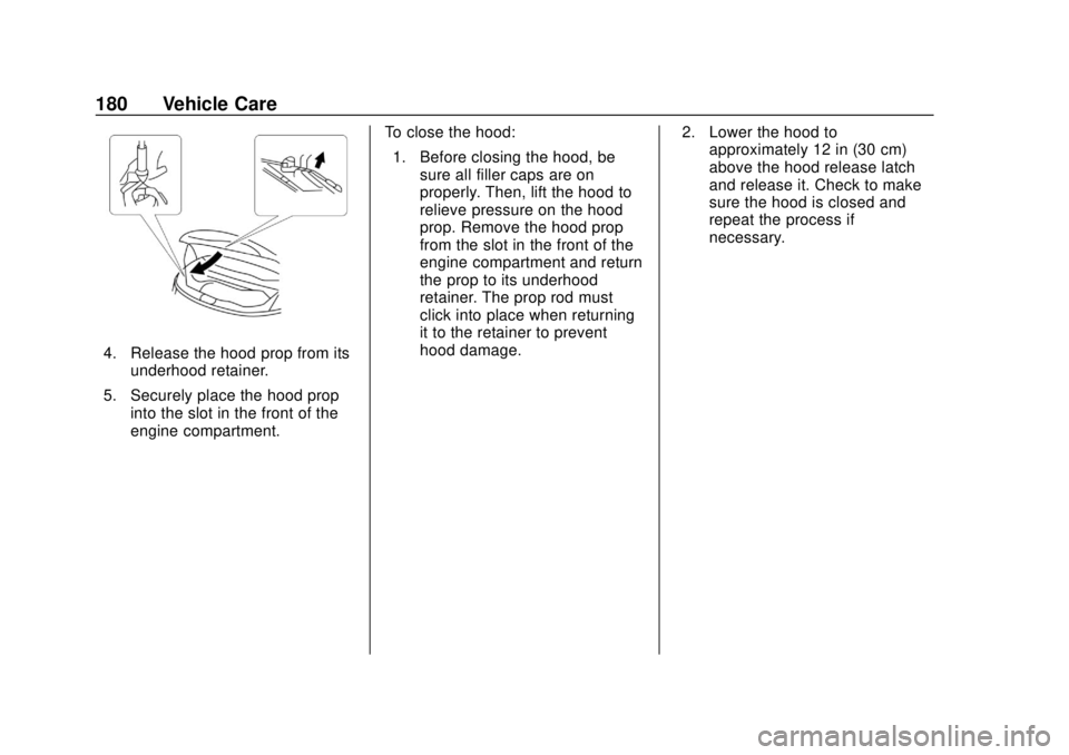CHEVROLET CITY EXPRESS 2018  Owners Manual Chevrolet City Express Owner Manual (GMNA-Localizing-U.S./Canada-
11683523) - 2018 - CRC - 7/10/17
180 Vehicle Care
4. Release the hood prop from itsunderhood retainer.
5. Securely place the hood prop