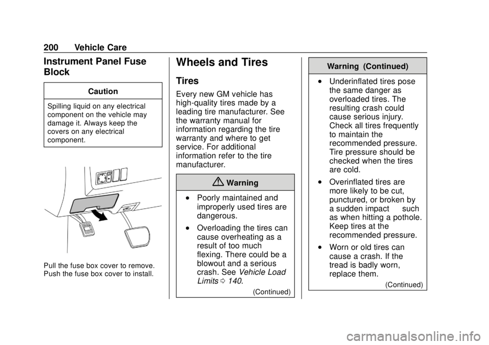 CHEVROLET CITY EXPRESS 2018 User Guide Chevrolet City Express Owner Manual (GMNA-Localizing-U.S./Canada-
11683523) - 2018 - CRC - 7/10/17
200 Vehicle Care
Instrument Panel Fuse
Block
Caution
Spilling liquid on any electrical
component on t