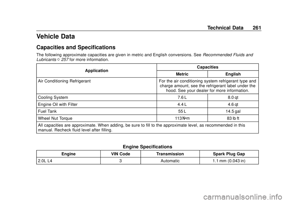 CHEVROLET CITY EXPRESS 2018  Owners Manual Chevrolet City Express Owner Manual (GMNA-Localizing-U.S./Canada-
11683523) - 2018 - CRC - 7/10/17
Technical Data 261
Vehicle Data
Capacities and Specifications
The following approximate capacities ar