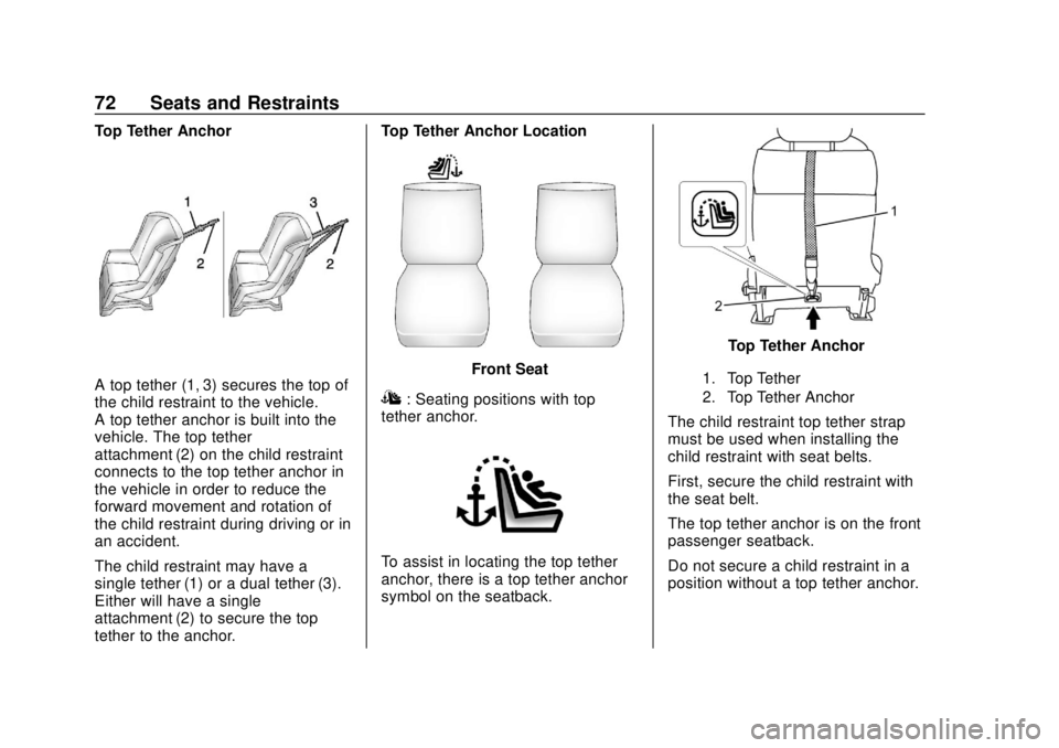 CHEVROLET CITY EXPRESS 2018 Manual PDF Chevrolet City Express Owner Manual (GMNA-Localizing-U.S./Canada-
11683523) - 2018 - CRC - 7/10/17
72 Seats and Restraints
Top Tether Anchor
A top tether (1, 3) secures the top of
the child restraint 