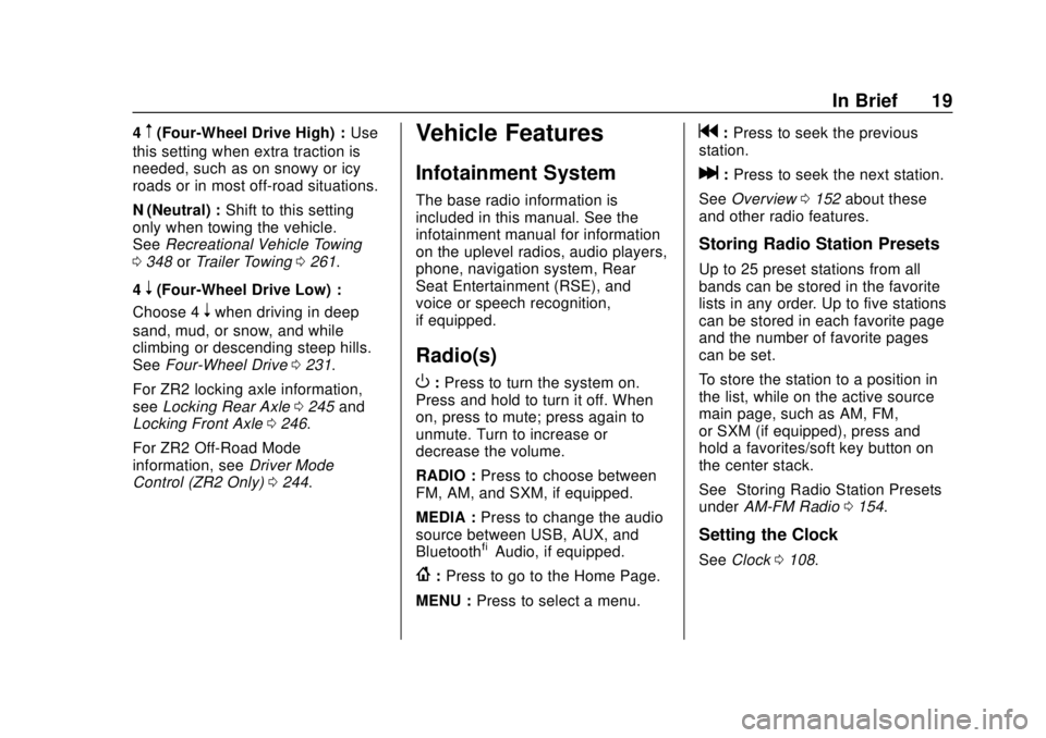 CHEVROLET COLORADO 2018 User Guide Chevrolet Colorado Owner Manual (GMNA-Localizing-U.S./Canada/Mexico-
11349743) - 2018 - crc - 10/12/17
In Brief 19
4m(Four-Wheel Drive High) :Use
this setting when extra traction is
needed, such as on CHEVROLET COLORADO 2018 User Guide Chevrolet Colorado Owner Manual (GMNA-Localizing-U.S./Canada/Mexico-
11349743) - 2018 - crc - 10/12/17
In Brief 19
4m(Four-Wheel Drive High) :Use
this setting when extra traction is
needed, such as on