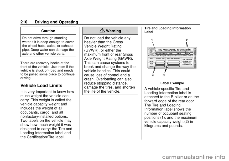 CHEVROLET COLORADO 2018 Owners Manual Chevrolet Colorado Owner Manual (GMNA-Localizing-U.S./Canada/Mexico-
11349743) - 2018 - crc - 10/12/17
210 Driving and Operating
Caution
Do not drive through standing
water if it is deep enough to cov CHEVROLET COLORADO 2018 Owners Manual Chevrolet Colorado Owner Manual (GMNA-Localizing-U.S./Canada/Mexico-
11349743) - 2018 - crc - 10/12/17
210 Driving and Operating
Caution
Do not drive through standing
water if it is deep enough to cov