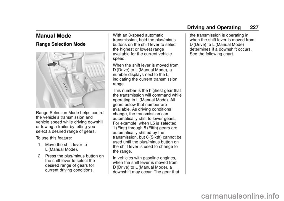 CHEVROLET COLORADO 2018 Owners Manual Chevrolet Colorado Owner Manual (GMNA-Localizing-U.S./Canada/Mexico-
11349743) - 2018 - crc - 10/12/17
Driving and Operating 227
Manual Mode
Range Selection Mode
Range Selection Mode helps control
the CHEVROLET COLORADO 2018 Owners Manual Chevrolet Colorado Owner Manual (GMNA-Localizing-U.S./Canada/Mexico-
11349743) - 2018 - crc - 10/12/17
Driving and Operating 227
Manual Mode
Range Selection Mode
Range Selection Mode helps control
the