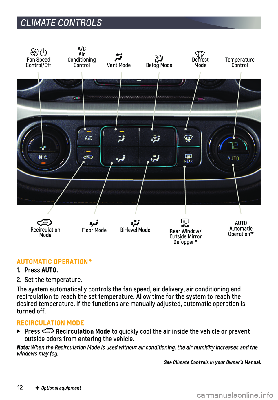 CHEVROLET COLORADO 2018  Get To Know Guide 12
CLIMATE CONTROLS
AUTOMATIC OPERATIONF
1. Press AUTO.
2. Set the temperature. 
The system automatically controls the fan speed, air delivery, air condi\
tioning and  
recirculation to reach the set 